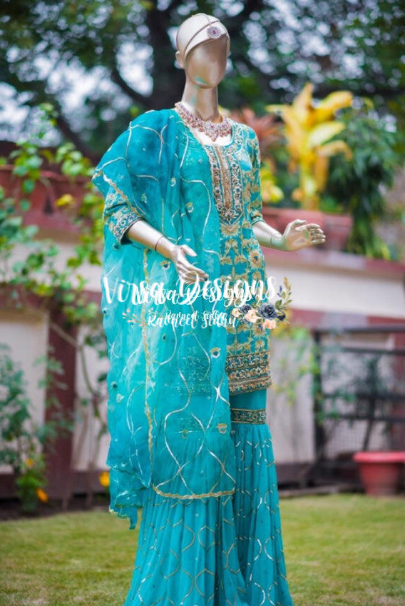 Turquoise Banarsi Sharara Suit