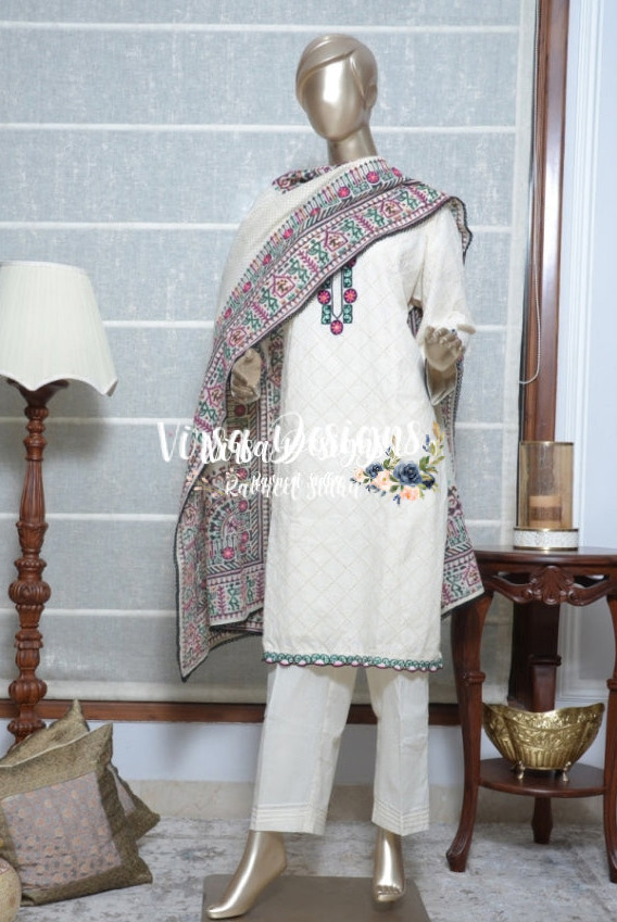 White And Multi Colour Chicken Suit - Virsa Designs